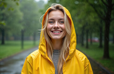 Fototapeta premium Happy young woman with blonde hair smiles. Female wears bright yellow raincoat enjoys rainy day in park. Cheerful person fun, joy outdoors. Beautiful weather lifestyle concept.