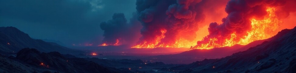 Blazing inferno with red and blue flames engulfing a dark landscape, flames rising, burning landscape, smoldering embers