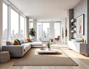 Bright and spacious contemporary living room with urban views