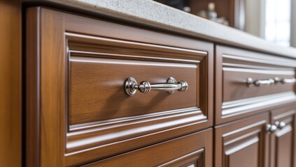 Obraz premium Elegant Kitchen Cabinetry: Close-up of Rich Wood Drawers and Polished Hardware
