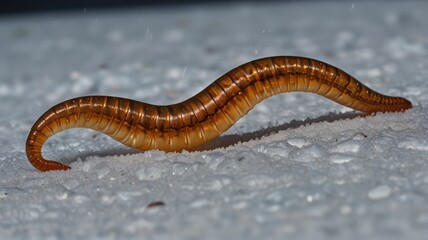 Close-up of a segmented, light brownish-orange insect moving across a light-gray surface.  Visible segments and a long, slender body