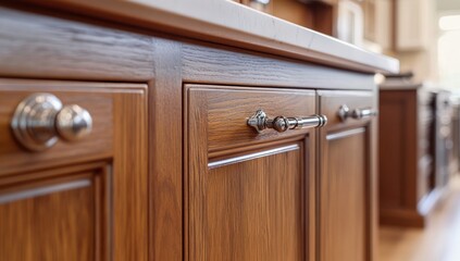 Obraz premium Close-up of Elegant Wooden Kitchen Cabinets with Polished Metal Hardware