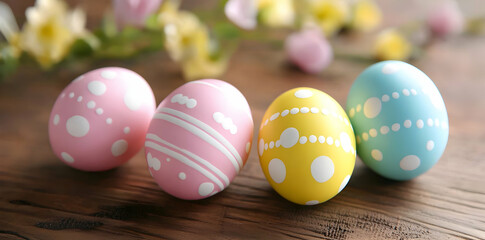 Fototapeta premium Colorful, decorated Easter eggs on rustic wood surface with flowers in background, spring holiday celebration.