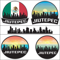 Obraz premium Jiutepec Mexico Flag Skyline Cityscape Silhouette Travel Souvenir Sticker Isolated Vector