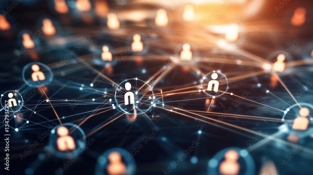 Poster abstract network visualization of interconnected nodes illustrating complex social connections withi