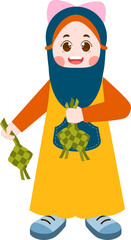 girls wearing hijabs carrying ketupat