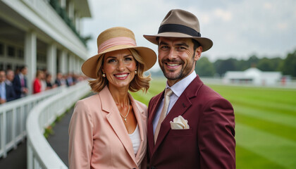 Elegant Racegoers Smiling, Grand National Horse Race, Aintree Venue, for Horse Racing Social Events, Fashion & High Society Coverage
