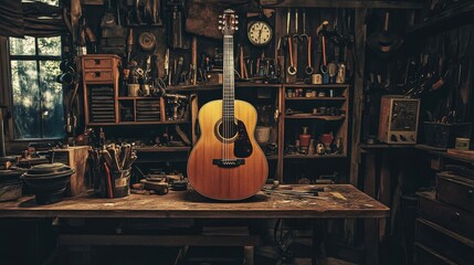 An acoustic guitar on a workbench in a luthier's shop, surrounded by tools.