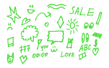 Abstract green hand drawn shapes and words kids drawings
Vector shapes set