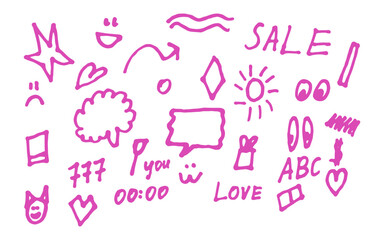 Abstract pink hand drawn shapes and words kids drawings
Vector shapes set