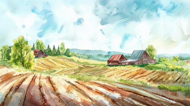 Artistic watercolor illustration of a peaceful countryside farm with rustic barns and freshly plowed fields, capturing rural charm and soft, pastoral beauty.
