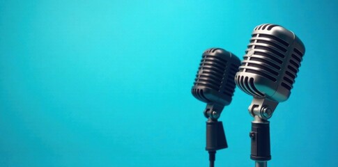 Classic microphones against a bright blue gradient background, audio gear, colorful