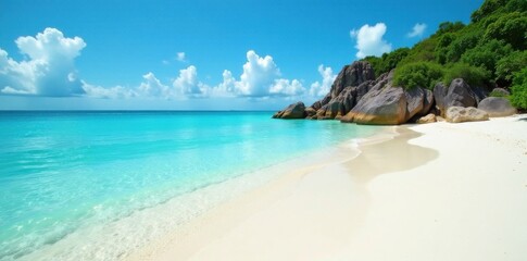 Fototapeta premium Clear turquoise water meets white sandy shore, beach, sand