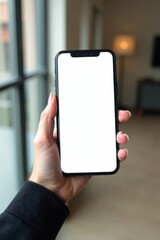 Close-up of a woman's hand grasping a smartphone with a blank screen and minimalist background, female, detail, object