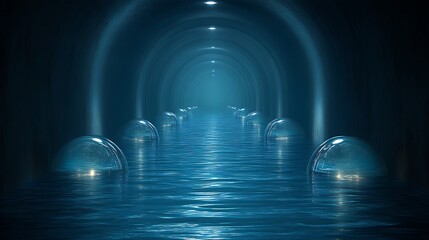 Illuminated Spheres Line a Dark Arched Waterway