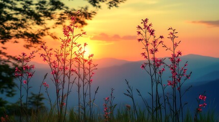 Naklejka premium Sunset Silhouette Flowers Mountain Landscape
