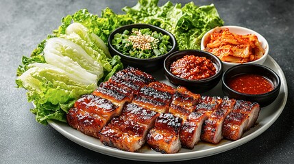 Delicious sliced meat served with various vegetable side dishes on plate