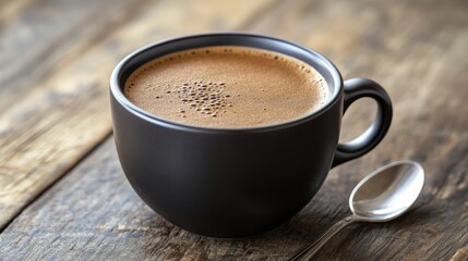 A close-up of a black coffee cup filled with rich coffee, placed on a wooden surface with a spoon beside it.