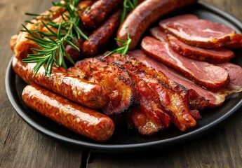 Assorted Grilled Meats on a Black Plate with Fresh Rosemary Sprigs Decorated on a Rustic Wooden Table Perfect for BBQ or Culinary Presentation