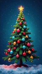 Fototapeta premium Colorful Christmas tree with ornaments and lights on a blue background vector, abstract shapes, gift wrapping paper, pattern