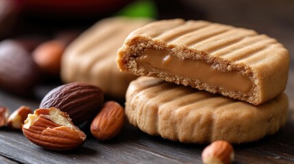 Fototapeta premium Almond cookies with caramel filling. Close-up of two cookies stacked, one broken in half, revealing a smooth caramel center. Almonds are scattered around the cookies on a dark wooden surface