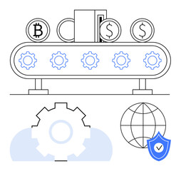Obraz premium Cryptocurrency and dollar coins moving on a conveyor belt with gears and global security shield. Ideal for finance, blockchain, automation, investments, fintech, digital payment, global trade. Flat