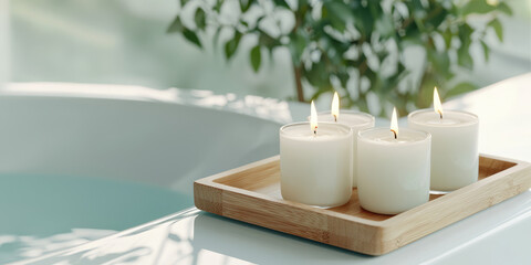 Wooden authentic bathroom tray coaster. Candles on a coaster on the bathtub.
