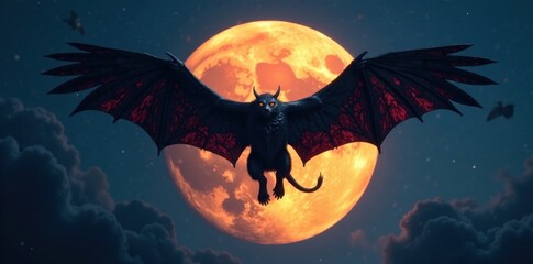 Dark winged creature flying over a full moon, vampire, wings, halloween