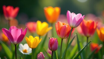 Colorful spring flowers bloom in a garden setting, flora, paper background
