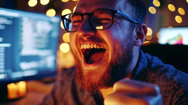 A group of game developers joyfully celebrating their success in a dimly lit office at night.