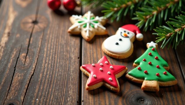 Decorated Christmas cookies on a wooden table, holiday season, sweet, cookies