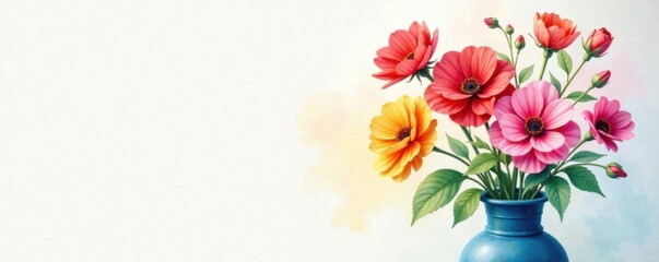 Obraz premium Colorful watercolor flowers blooming in a vase, artistic illustrations, background textures