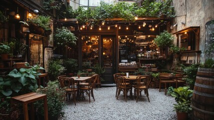 Fototapeta premium A cozy outdoor coffee shop seating area with wooden chairs, fairy lights, and greenery.