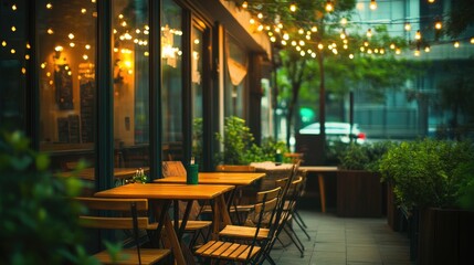 Fototapeta premium A cozy outdoor coffee shop seating area with wooden chairs, fairy lights, and greenery.
