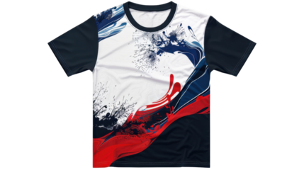 Modern t-shirt design featuring abstract red, white, and blue swirls on transparent background