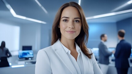 Fototapeta premium Confident businesswoman smiles in a modern tech office environment