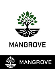 A modern and eco-friendly logo featuring a stylized mangrove tree with green leaves and exposed roots, designed in a minimalistic style
