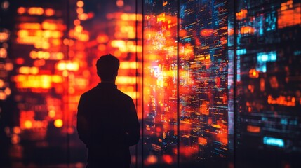 Fototapeta premium A person contemplates the data and information on screens