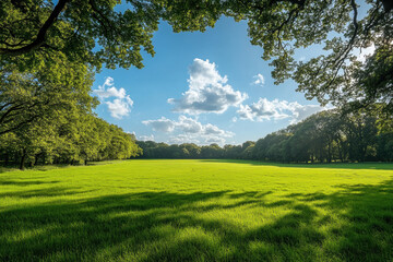 Field with lush green trees and grass stretching out under a clear blue sky, creating a serene and tranquil natural landscape.