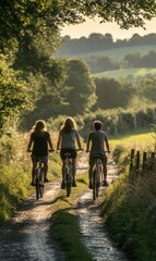 Fototapeta premium Three friends ride bicycles along a dirt path surrounded by lush greenery during golden hour, soaking in the tranquil beauty of the countryside
