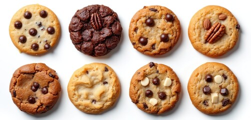Collection cookies isolated transparent background. Variety of round biscuits with different flavors like chocolate chip, nuts. Sweet dessert, bakery treats for tea time snack. Mockup template for