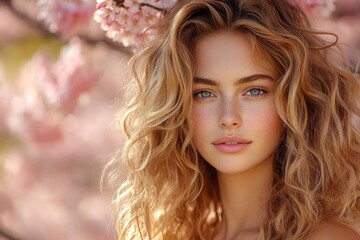 Fototapeta premium Lovely caucasian young woman surrounded by cherry blossoms. Spring mood, golden hour in sunset. Commercial ad campaign idea. Bright woman in floral park. Woman in colorful spring flowers.