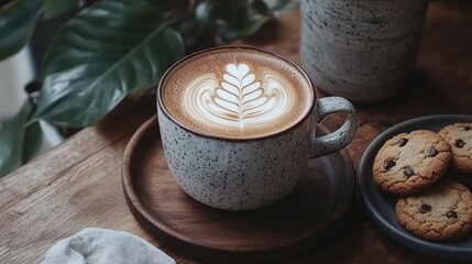 A freshly brewed cappuccino in a ceramic mug, topped with foam art, next to a plate of cookies.