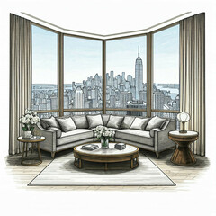 modern living room with city view and cozy decor