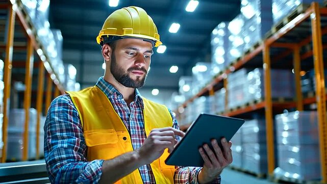 Warehouse employees efficiently maneuver a tow tractor while utilizing a tablet in a bustling setting.