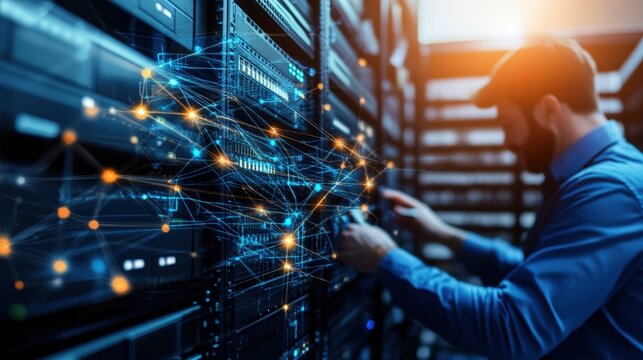 Male IT technician working diligently on a server rack with network visualization overlay in a modern data center showcasing advanced technology solutions
