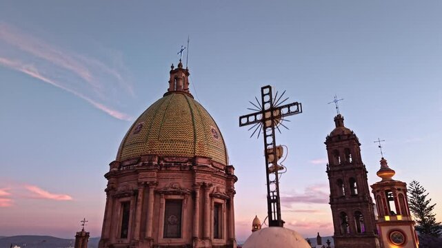 Church in Celaya Mexico at Sunset - Aerial