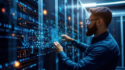 A bearded man wea safety glasses interacts with a holographic data projection on a server rack in a dimly lit and modern server room environment