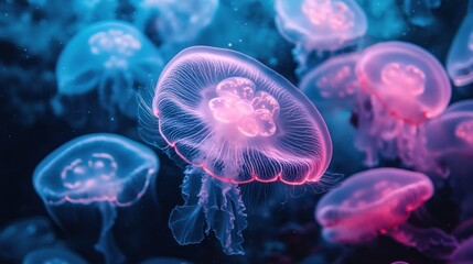 Fototapeta premium Glowing jellyfish in vibrant hues. Jellyfish clustered together in water, showcasing delicate, translucent bodies
