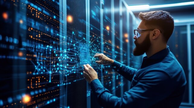 A bearded man wea safety glasses interacts with a holographic data projection on a server rack in a dimly lit and modern server room environment - Powered by Adobe